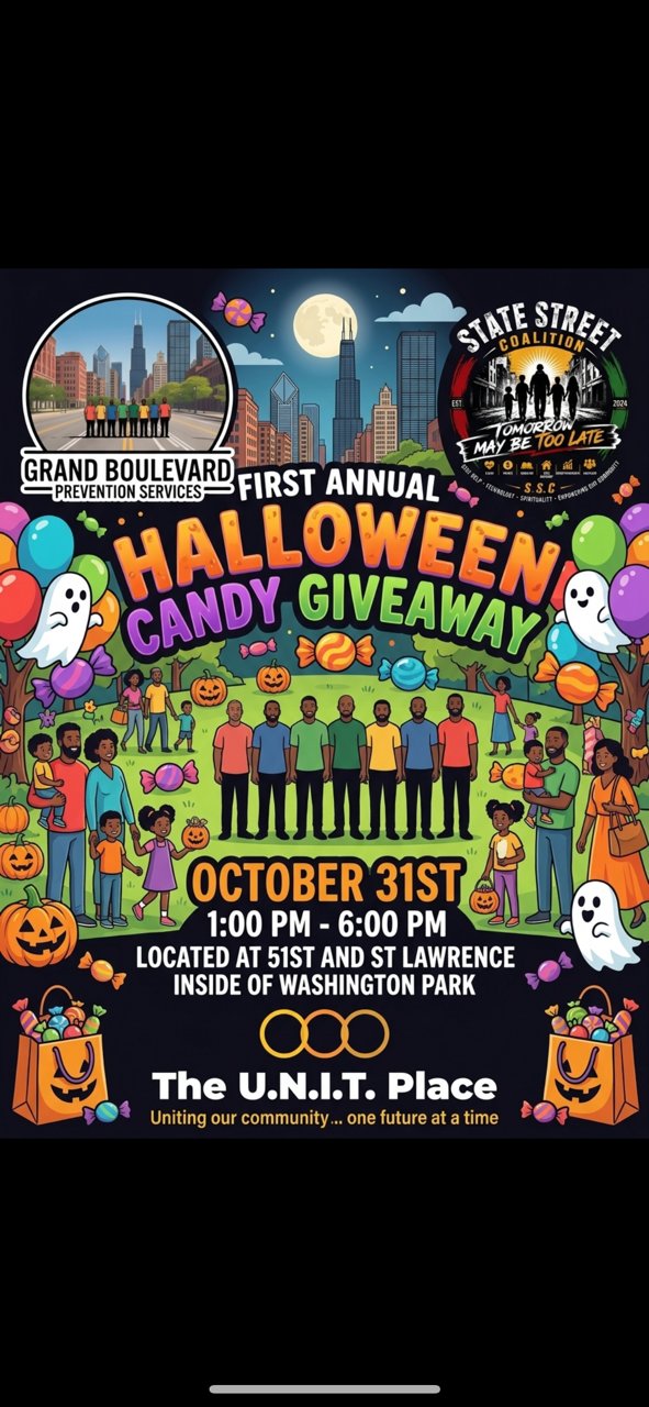 Halloween candy giveaway flyer; full event details follow in text